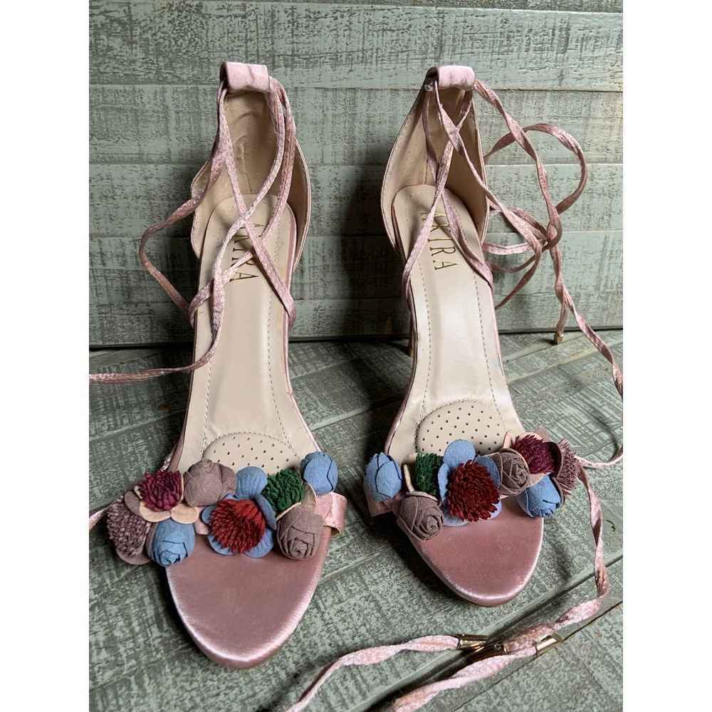 Akira‎ Pink Floral Satin Embellished High Heels Women's Size 8 Shoes Strappy